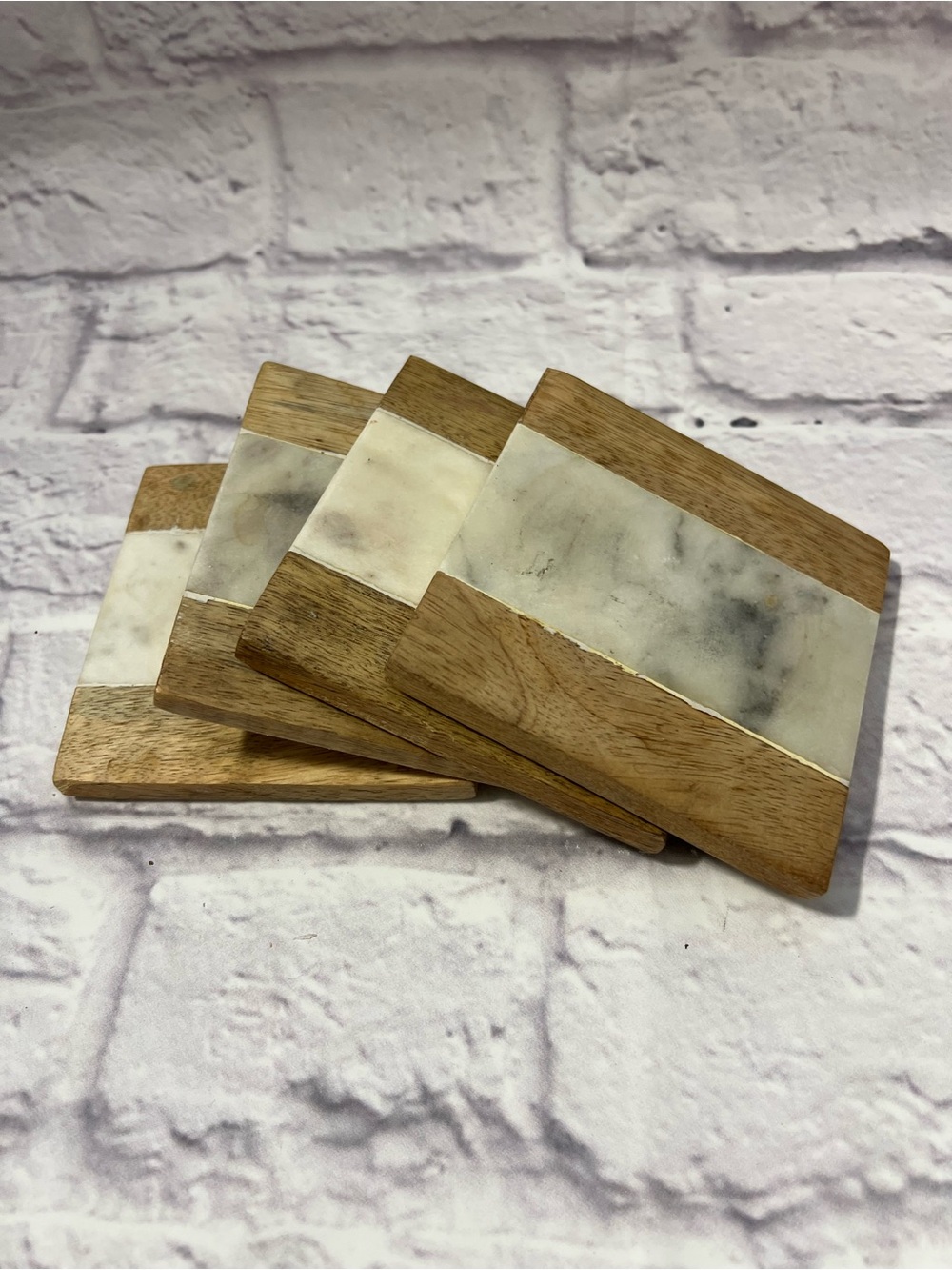 Wood and Marble Stripe Coaster Set - Natural & White